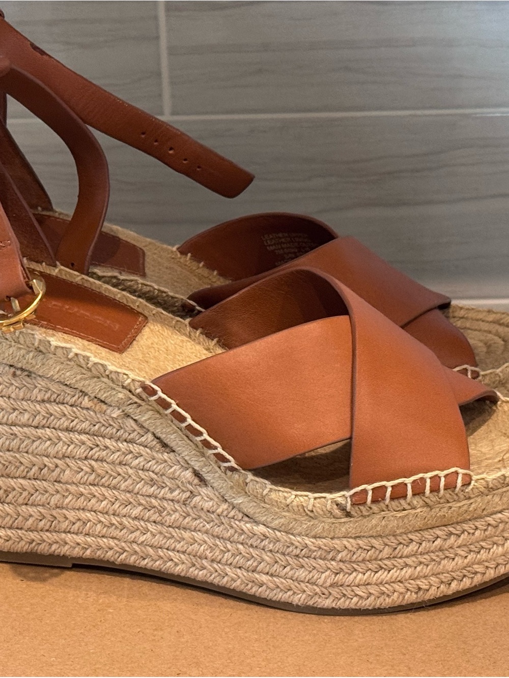 Tory Burch Tan Leather Espadrille Wedge Sandals